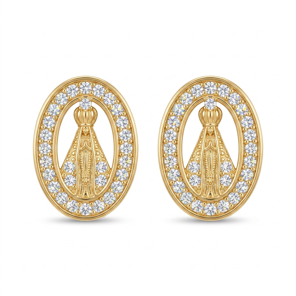 BRINCO OVAL NOSSA SENHORA APARECIDA CRISTAL DOURADO