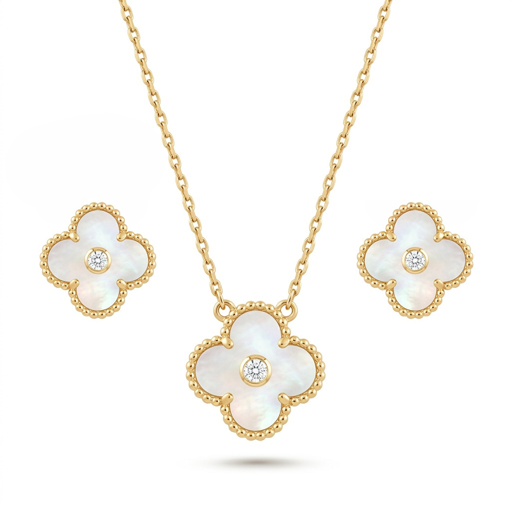 CONJUNTO TREVO MADREPEROLA MICRO ZIRCONIA DOURADO