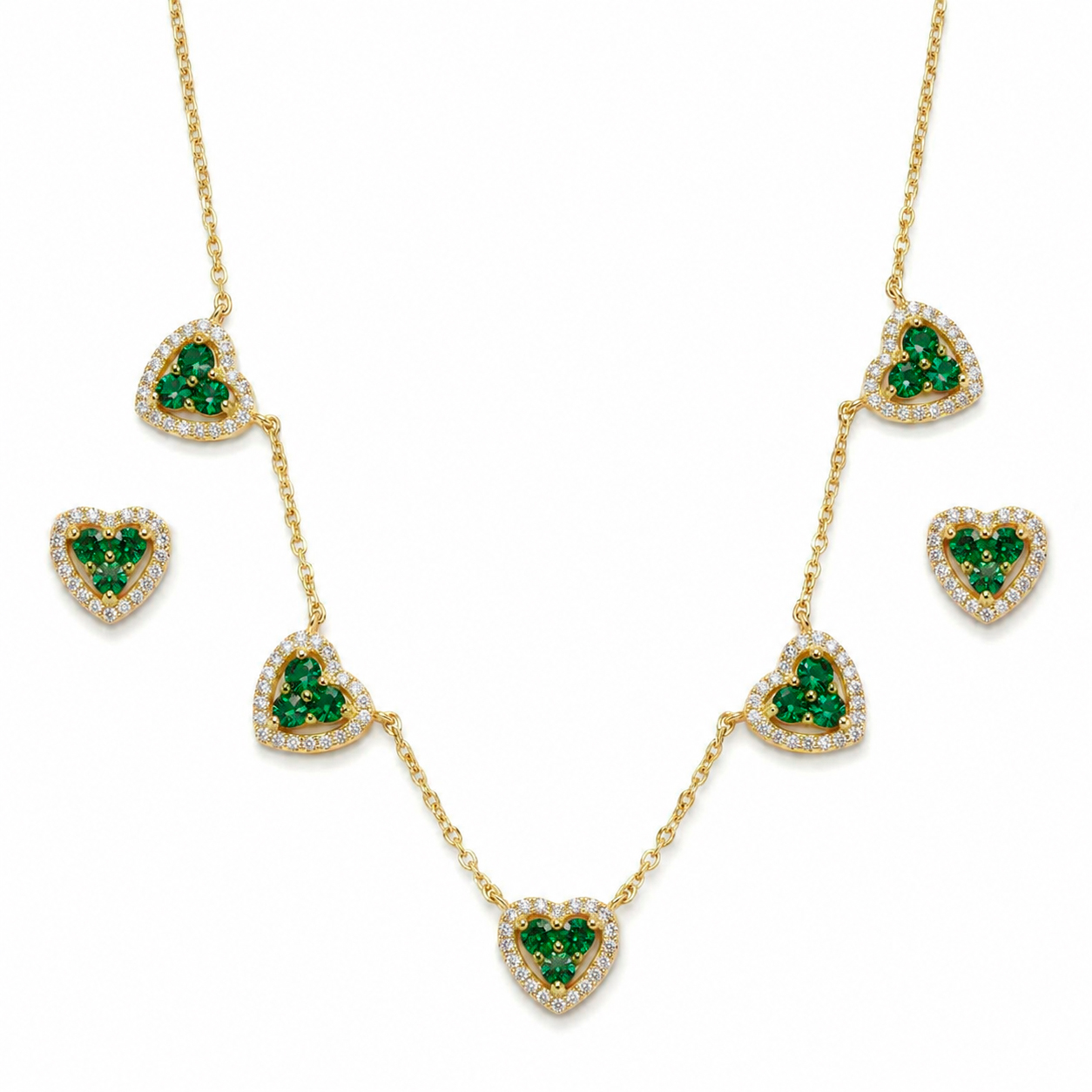CONJUNTO CORACAO CRAVEJADO DOURADO ESMERALDA