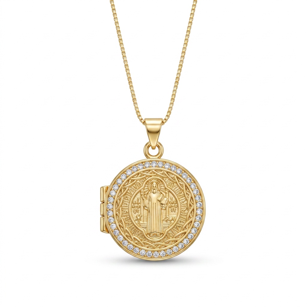 COLAR RELICARIO SAO BENTO MICRO ZIRCONIA DOURADO