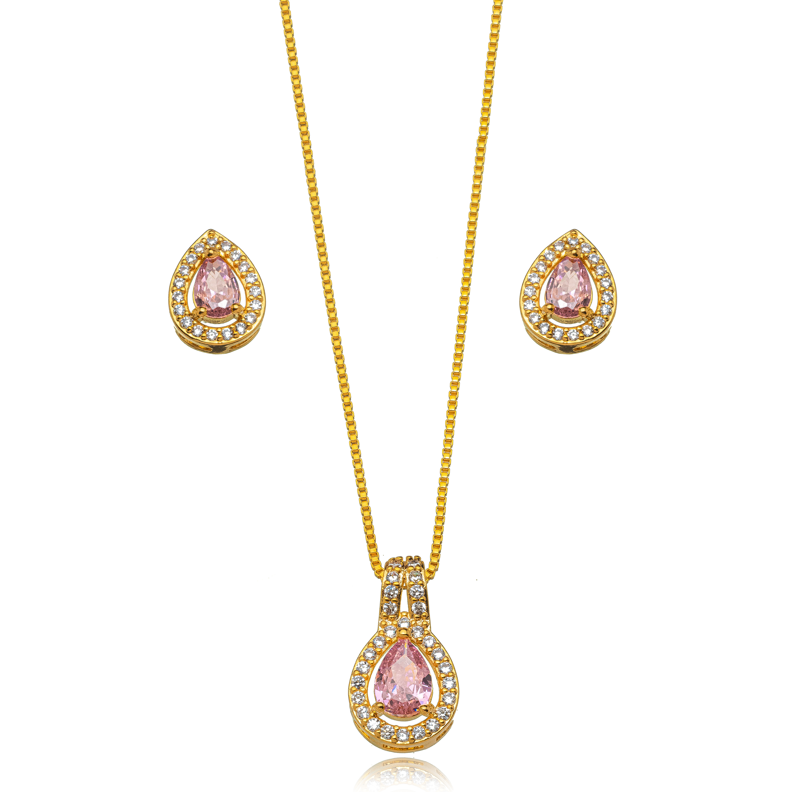 CONJUNTO GOTA CRAVEJADO DOURADO ROSA QUARTZO 
